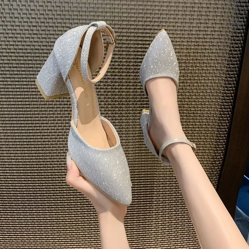 Women's Sandals Pointed Sexy Summer New Fashion Slim Fit High Heels Women's High Quality Silver Wedding High Heels Banquet Party