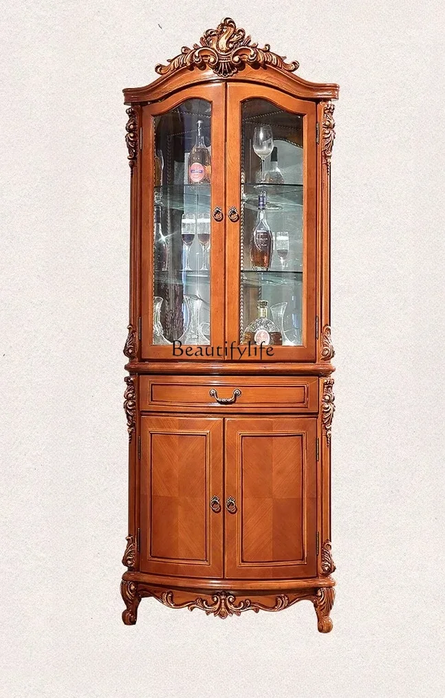 

yj5European corner wine cabinet solid wood living room corner wall triangle American retro glass decorative locker