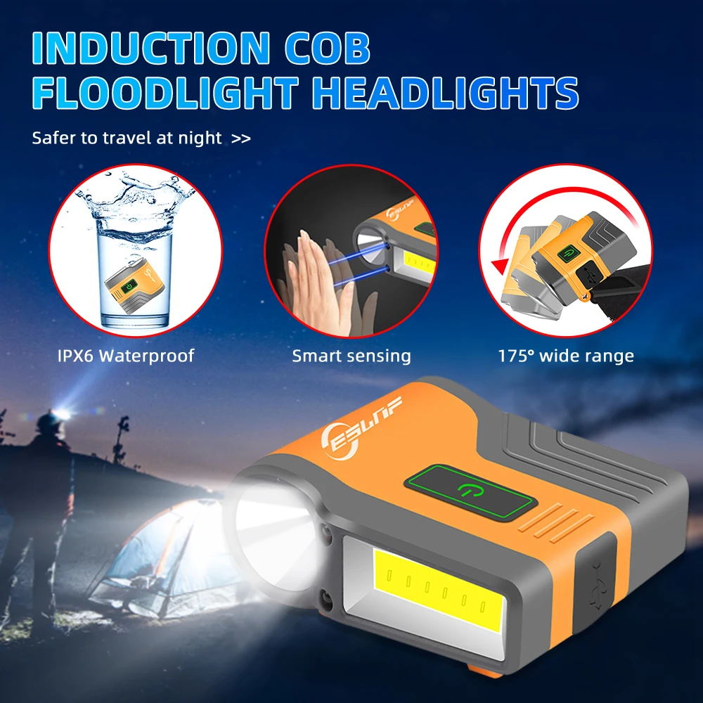 Hand Induction COB Headlight Floodlight Cap Clip Light USB Outdoor Fishing LED Waterproof Cap Light Head Cap Lamp Camping Light