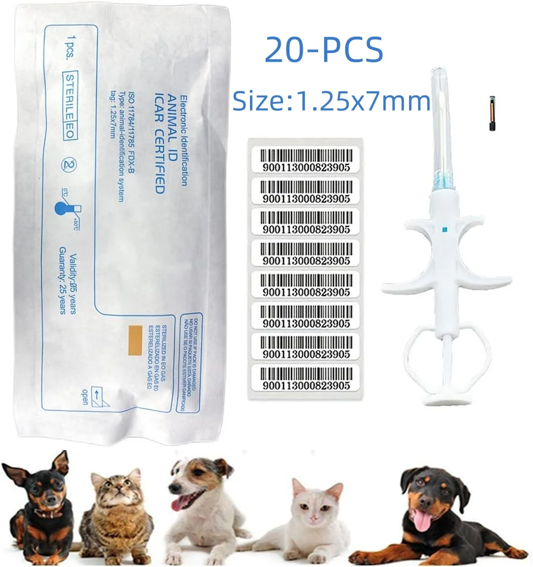 

20 Pcs 1.25x7mm Pet Microchips 134.2khz Registration Animal Implant Chip FDX-B Pet ID Microchip for Pet Dog Cat Cow Pig Rabbit