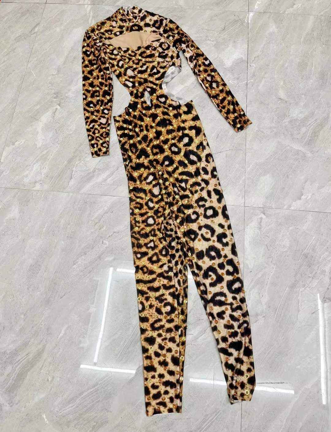 Sexy Leopard Print Crystals Jumpsuit Hollow Waist Rhinestones Nightclub Bar Club Stage Wear Skinny Elastic Performance Clothes