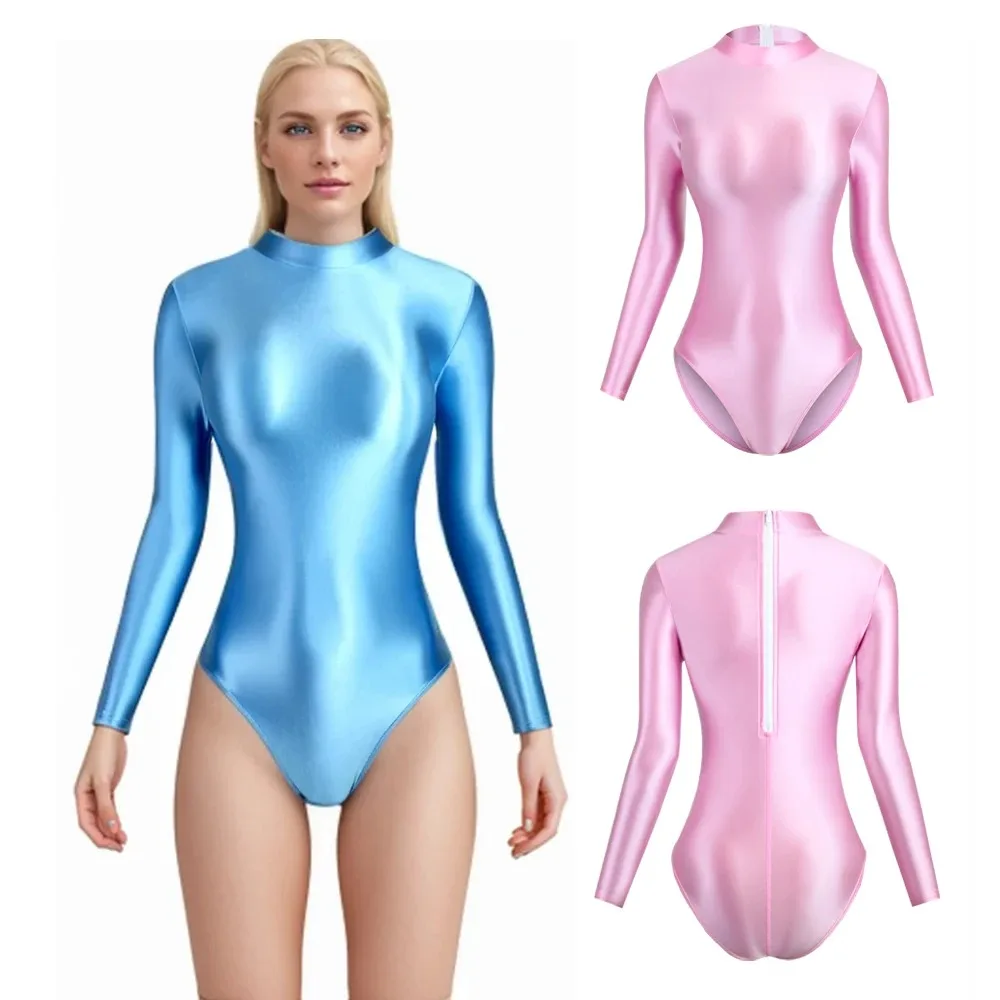 Sexy Glossy Women's One-Piece Swimsuit Silky Shiny Long-Sleeved Zip-Back High Fork Tights Leotard Swimwear