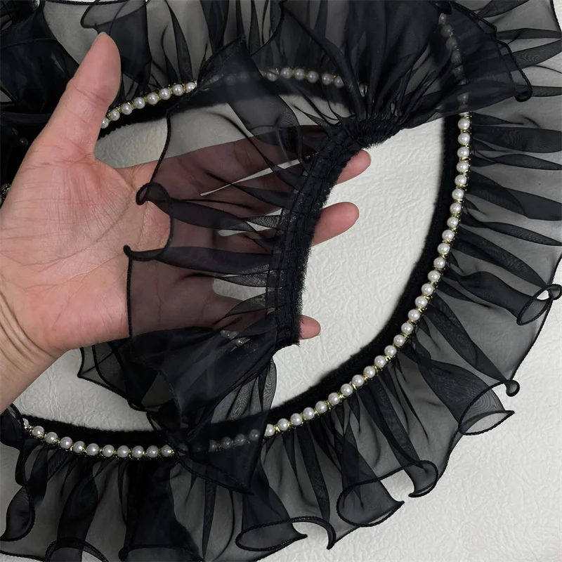 8CM Wide Organza Black Beaded Pleated Tulle Lace Trim for Fringe DIY Prom Even Dresses Ruffle Fabric Sewing Accessories Supplies