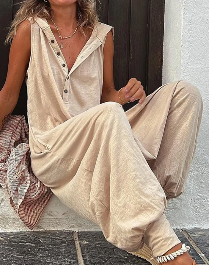 Tuta retrò donna 2024 estate senza maniche con scollo a V abbottonato con cappuccio Harem pantaloni pagliaccetto sciolto con cappuccio tuta Streetwear Beach