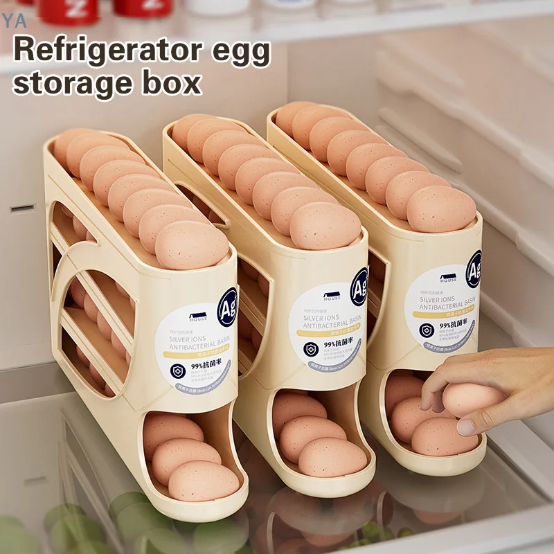 【YA】4 Layers Automatic Rolling Egg Holder Rack Fridge Egg Storage Box Container Kitchen Refrigerator Egg Dispenser