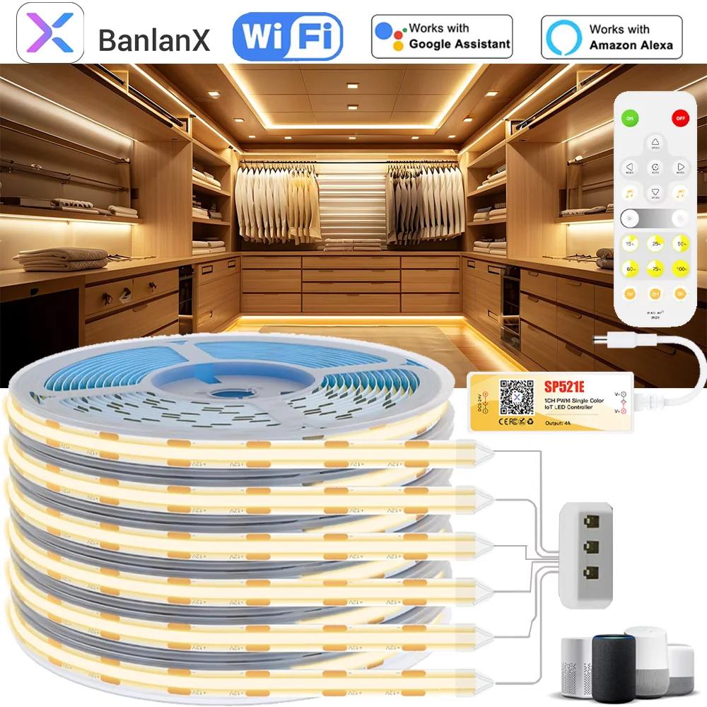 WiFi DC12V COB светодиодный светильник для шкафа под шкафом, полоса с регулируемой яркостью, лампа, лента, радиочастотный пульт дистанционного управления для книжного шкафа, гардероба, кухни