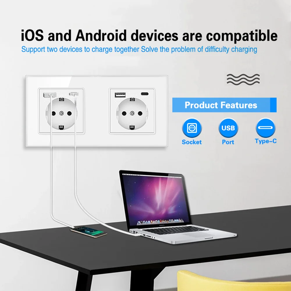 EIOMR EU Standard 16A Tempered Crystal Glass Panel Wall Socket Power Outlet Electrical Plug with Usb 5V 2100mA Ac110-250V White