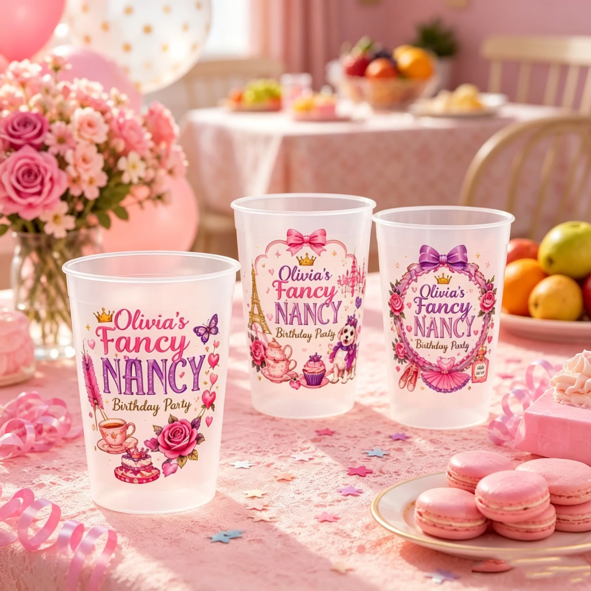 10 Vasos Personalizados Impresos con Diseño Fancy Nancy, Vasos Resistentes a los Golpes, Vasos de Princesa Rosa Personalizados al por Mayor para Fiestas de Cumpleaños de Niñas, Fiesta de Té en París