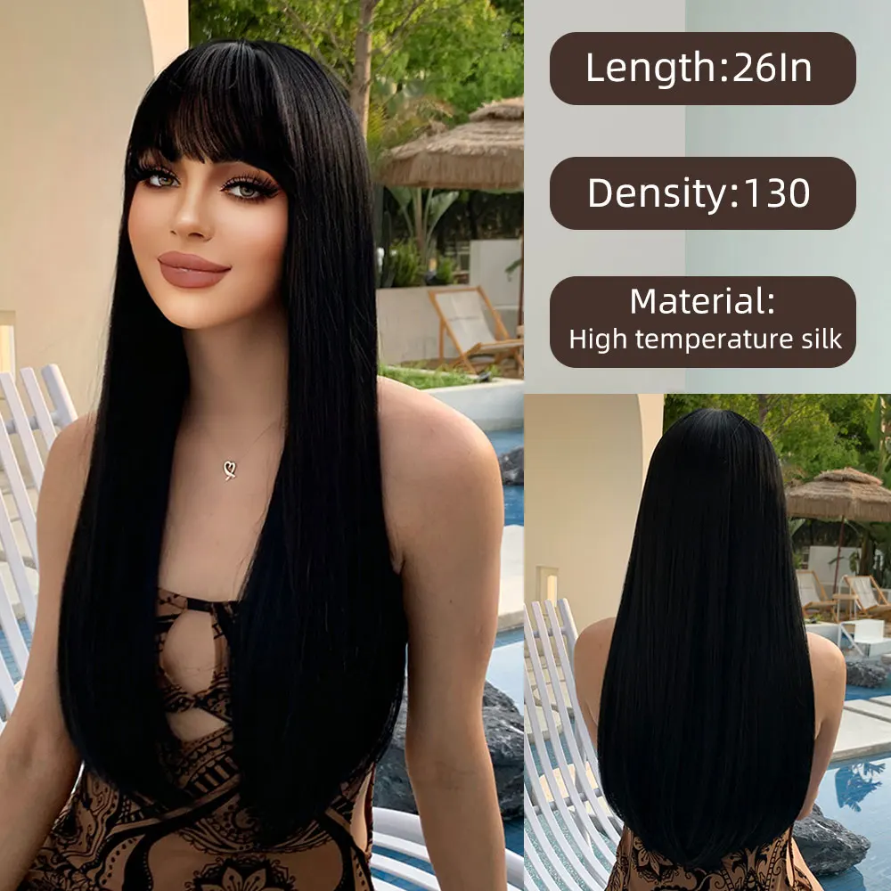 

Black Long Straight Wig With Layered Fringe Wig Synthetic Wig Beginner Friendly Heat-Resistant Elegant Wig for Everyday Use