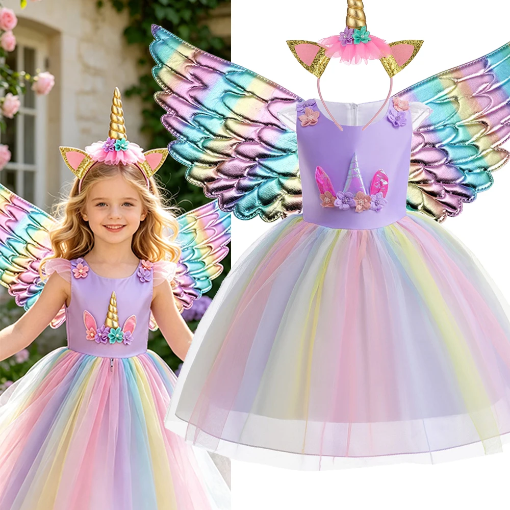 Unicorn Dress Girls Book Week Costume Kids Rainbow Colorful Summer Dresses Fancy Birthday Dress Princess Halloween Costumes