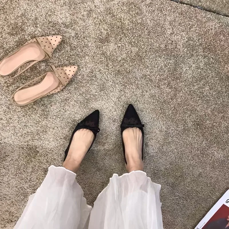 Women's mesh polka dot low-heel sandals 2026spring and summer versatile bow fairy-style closed-toe pointed backless single shoes image 4