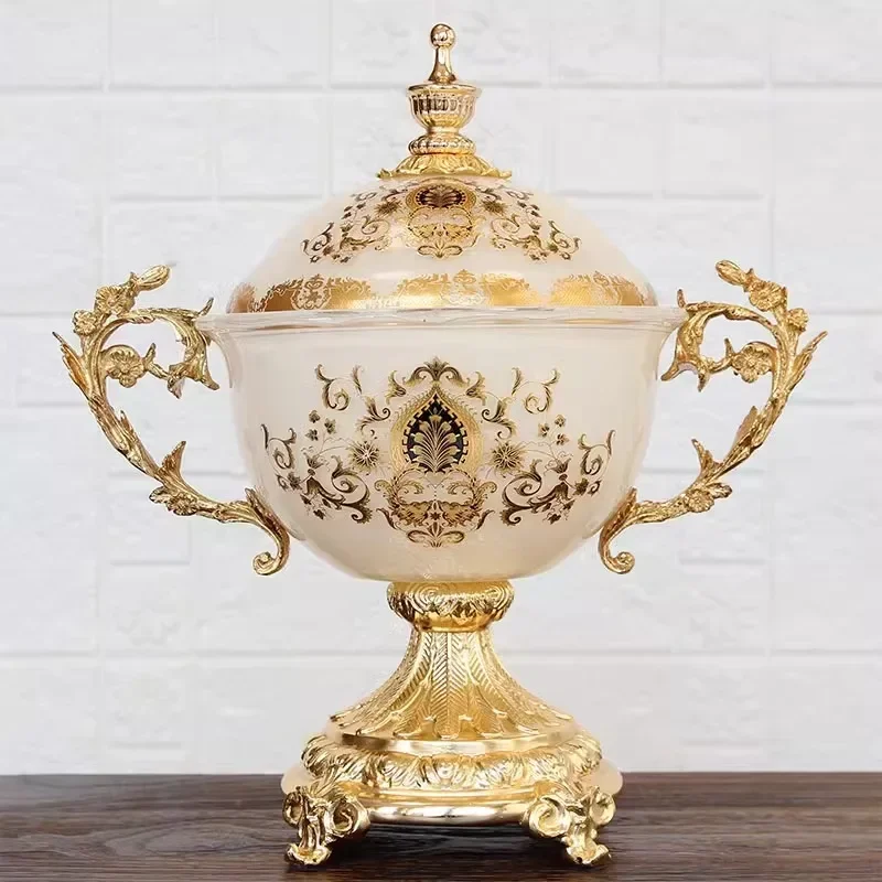 خزان تخزين زجاجي مصنوع من خليط معدني على الطراز الأوروبي، وزخارف ناعمة لغرفة نموذجية الفيلا، وحرف يدوية لمدخل غرفة المعيشة الفاخرة #2