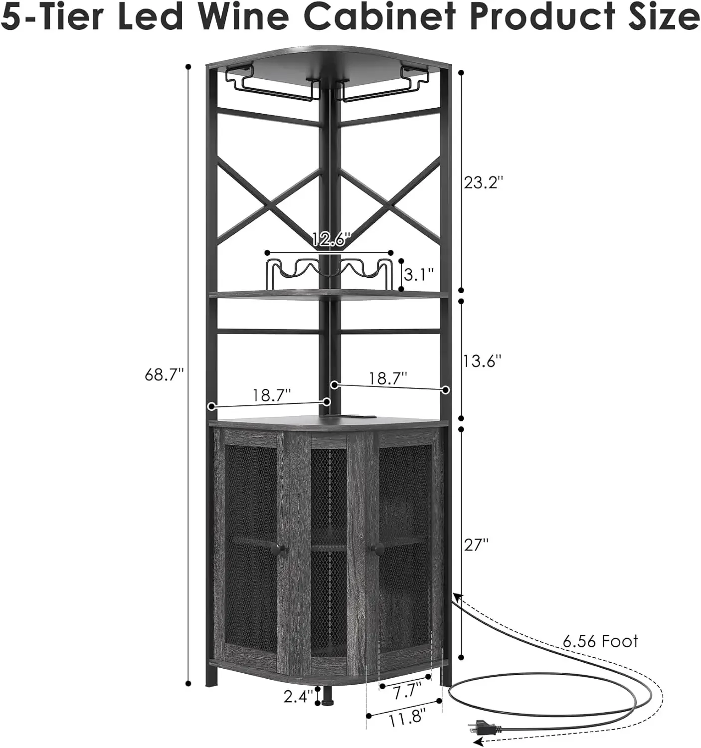 Corner Bar Cabinet With Power Outlet, 5-Tier Industrial Wine Cabinet With Led Strip And Glass Holder, Led Liquor Cabinet Bar