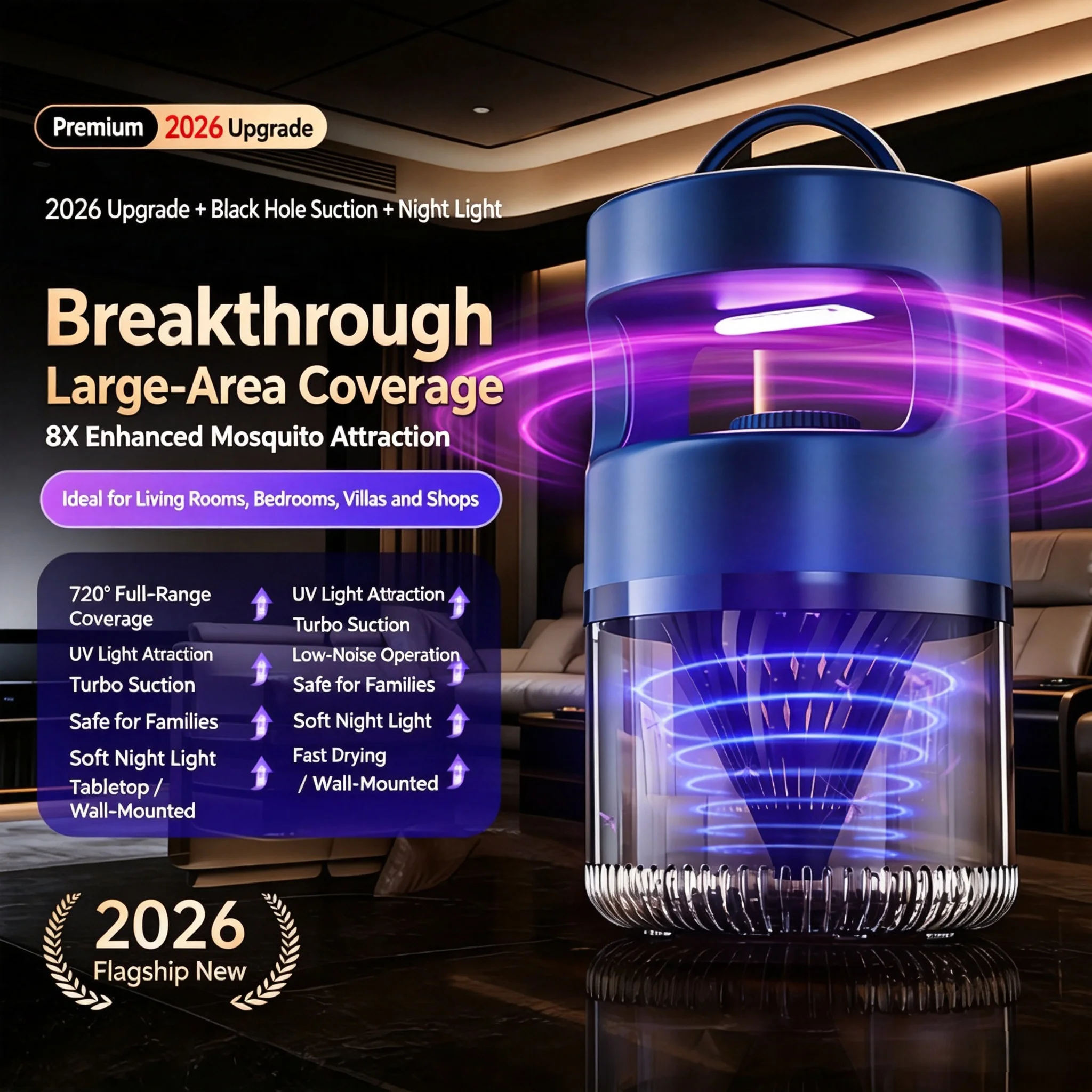 HOMEFISH 720° Full Surround Mosquito Trap, USB Powered Indoor Mosquito Killer Lamp, Powerful Suction Insect Repellent Light