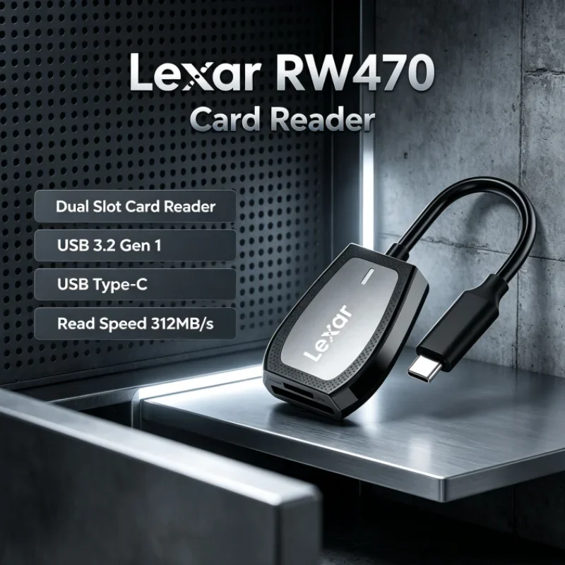 Lexar RW470 Dual Slot Card Reader 2-in-1 Type-C USB 3.2 Gen1 SD microSD UHS-II 312MB/s Read Speed for Data Transfer