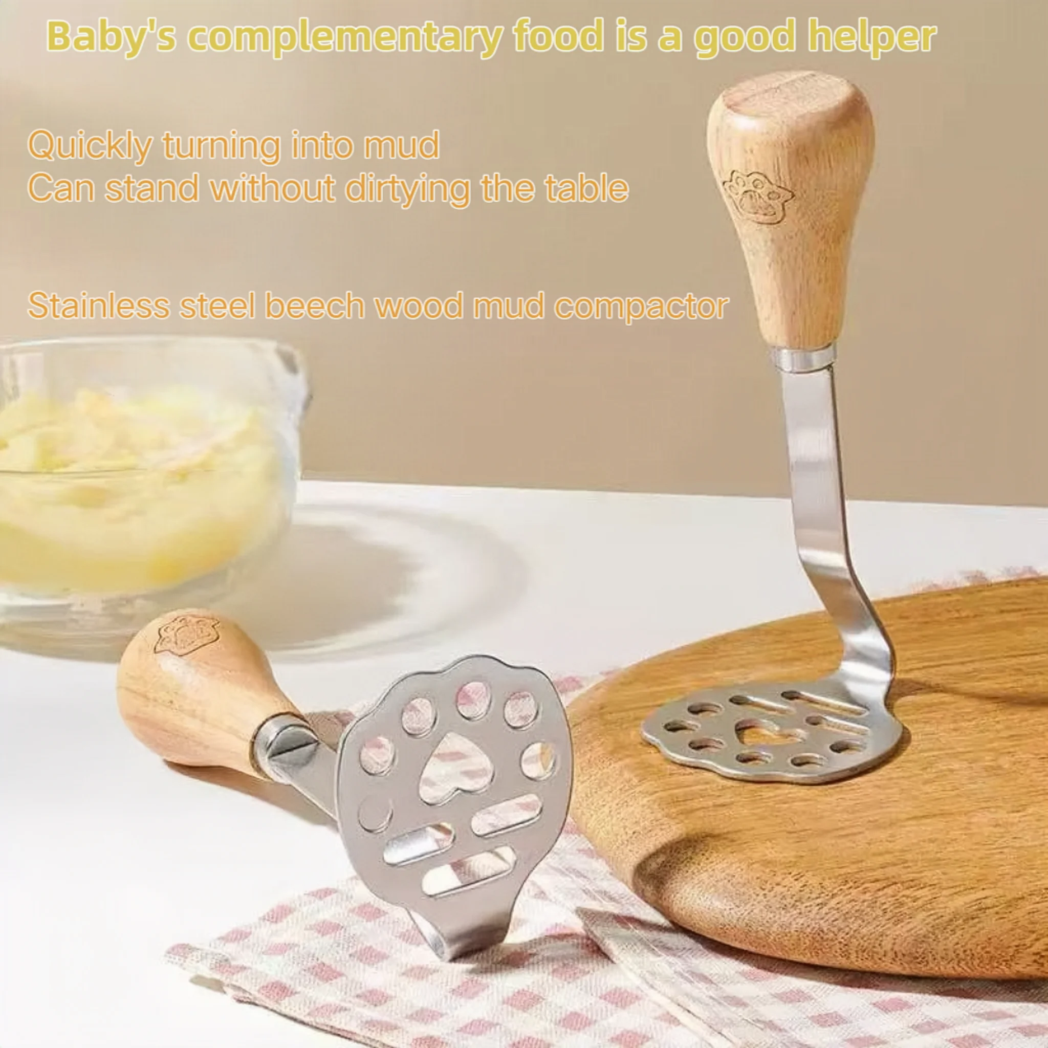 Stainless steel potato press, baby food aid tool, food cutting machine, crusher, wooden handle, garlic pusher, kitchen utensils
