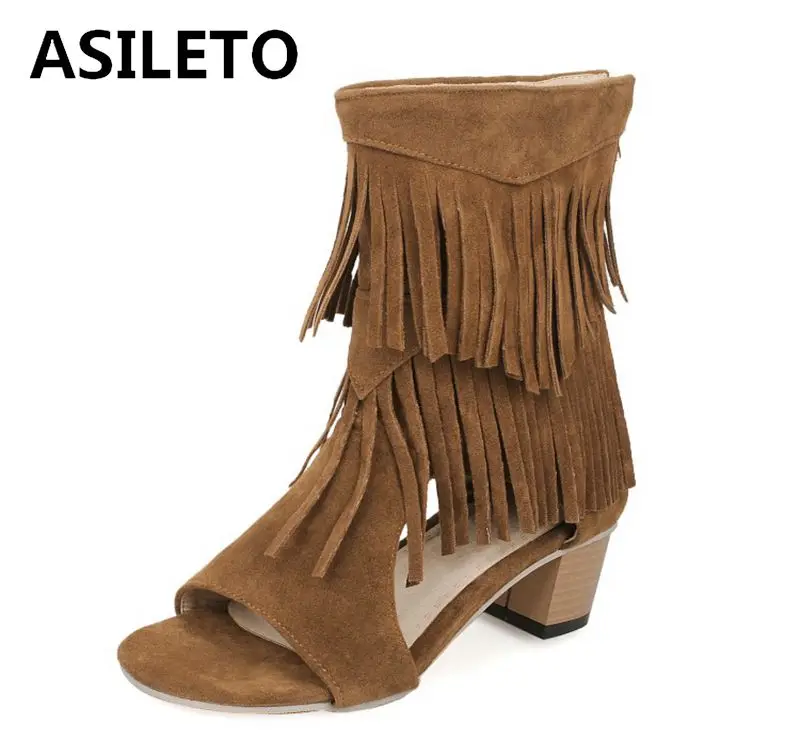 ASILETO Big size 32-46 peep toe summer boots high heelswomen tassel zipper western ankle boots sandals nubuck leather ringe 1377