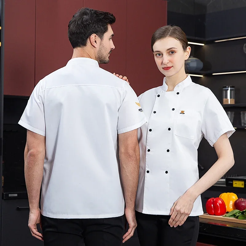 Uniforme de chef blanco de manga corta, uniforme de restaurante negro, panadería, servicio de comida, abrigo de Chef doble transpirable, camisa, ropa de cocina