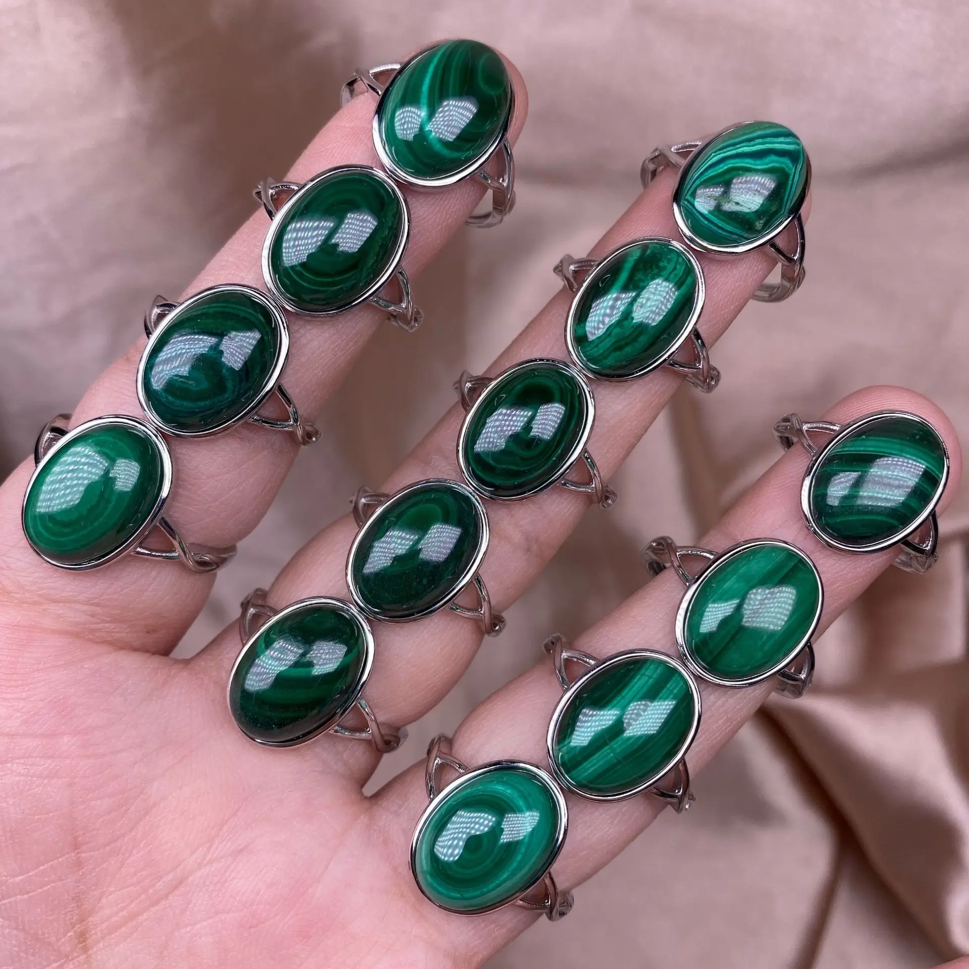 Natural Oval Malachite Ring Green Crystal Gemstone Copper Silver Plated Rings Jewellry For Women