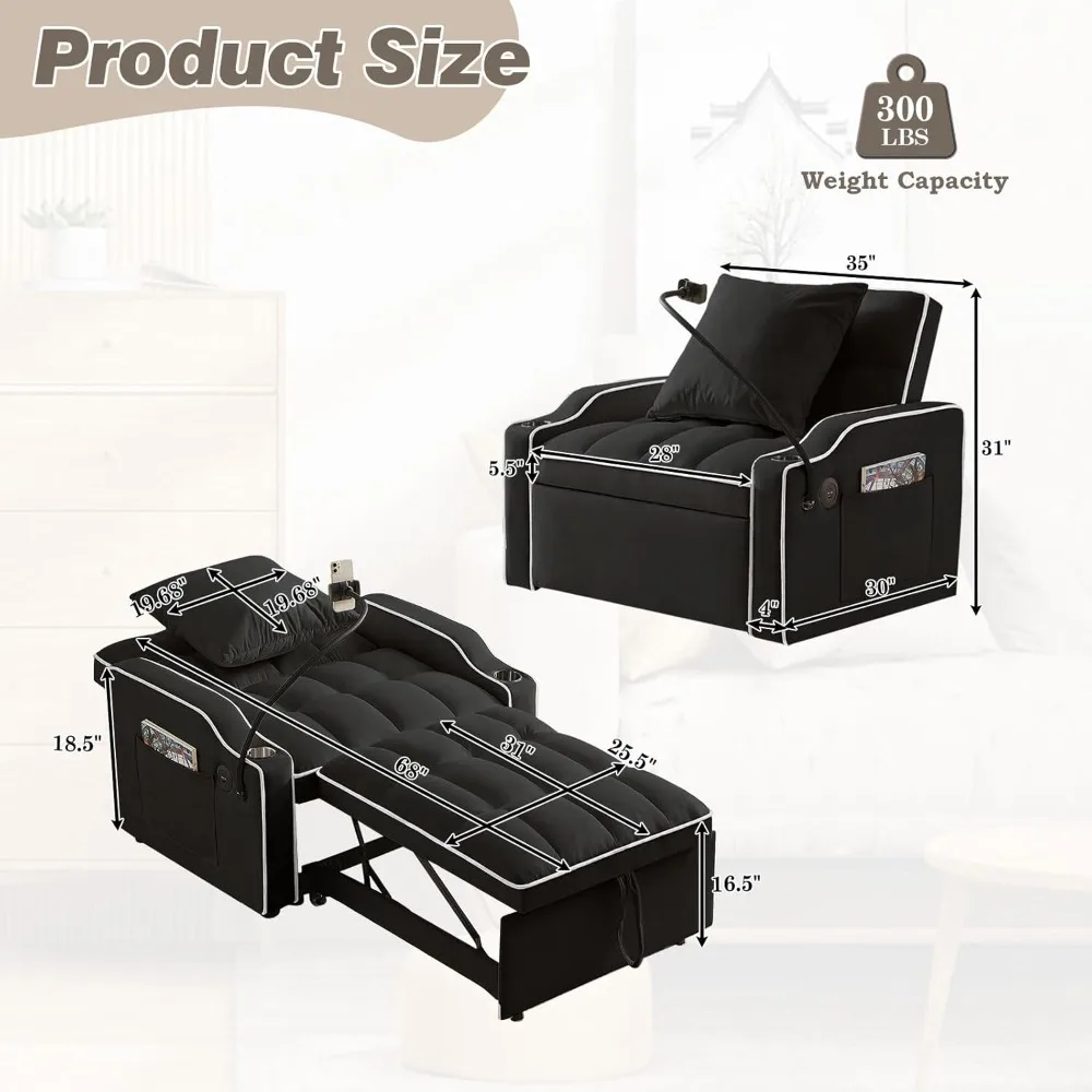 سرير كرسي أريكة قابل للتحويل، سرير أريكة فوتون صغير مخملي 3 في 1 مع حامل هاتف ومنافذ USB، أريكة قابلة للسحب