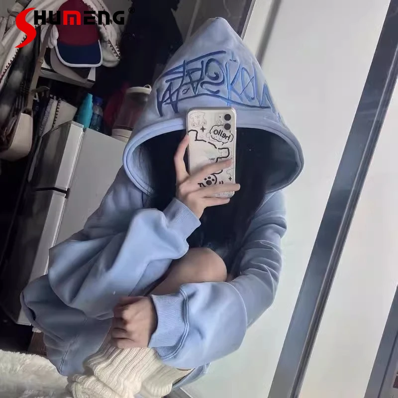 

Y2K американские ретро толстовки с капюшоном и вышивкой букв, свободные субкультуры для пары, модное брендовое пальто, женская одежда