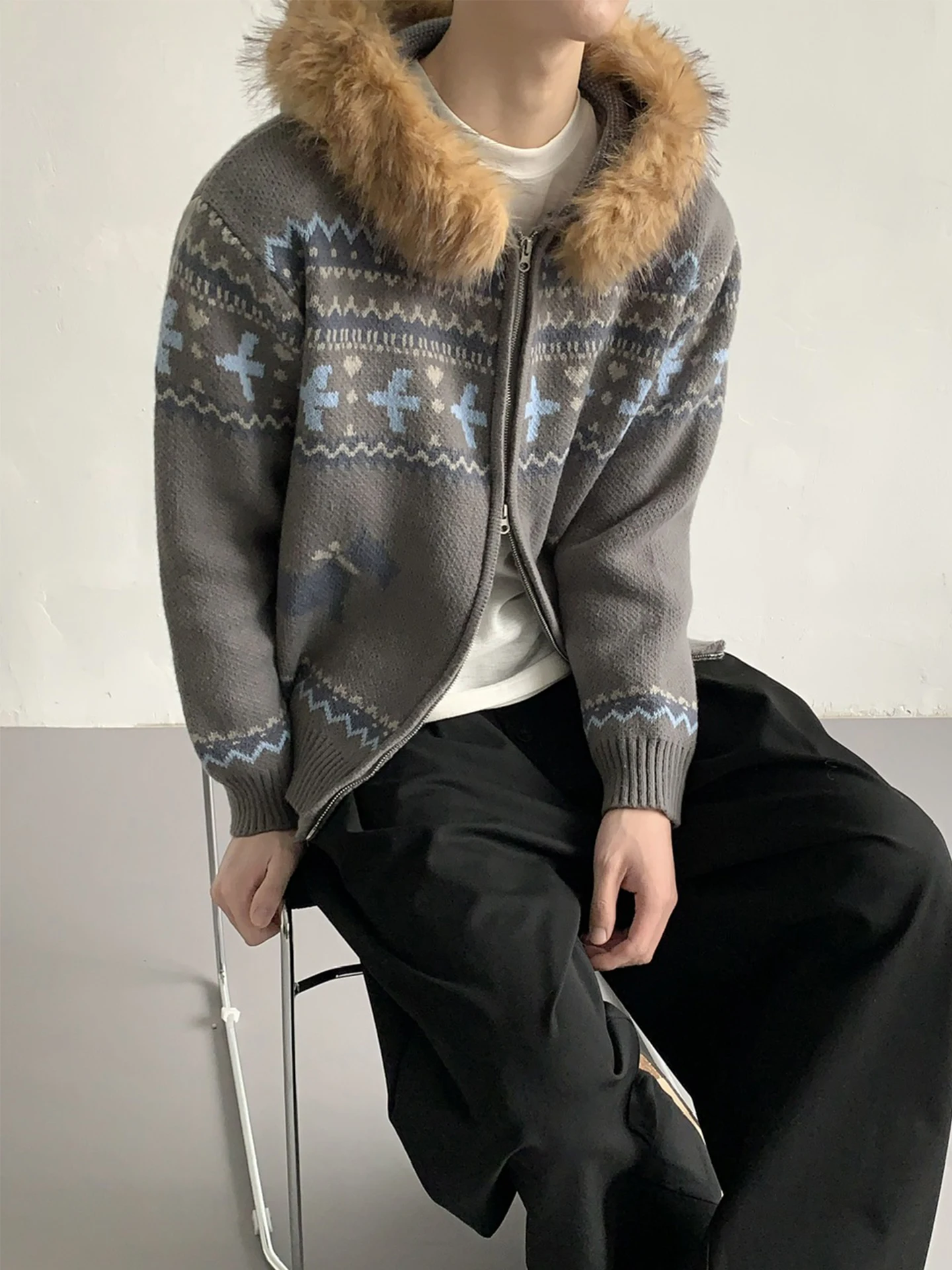 

Осенне-зимний вязаный кардиган Lazy Retro Fair Isle с большим меховым воротником для мужчин и женщин, тяжелый трикотаж для пар