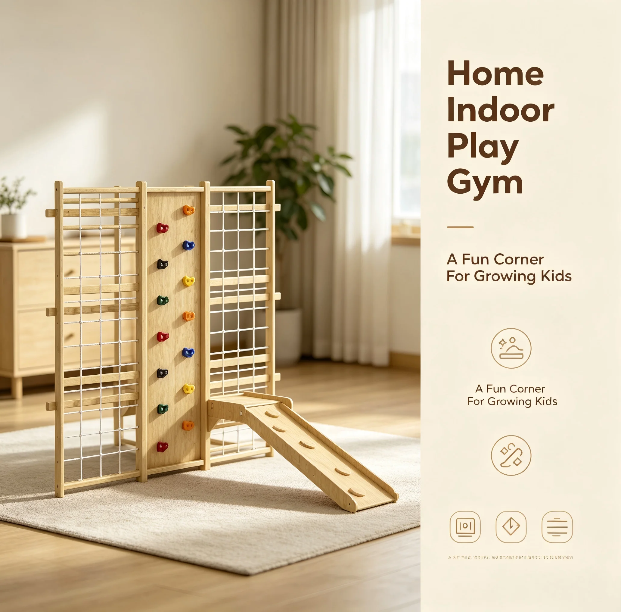 Indoor Wooden Climbing Frame, Kids Jungle Gym with Climbing Wall Net and Ramp, Multifunctional Play Equipment for Home