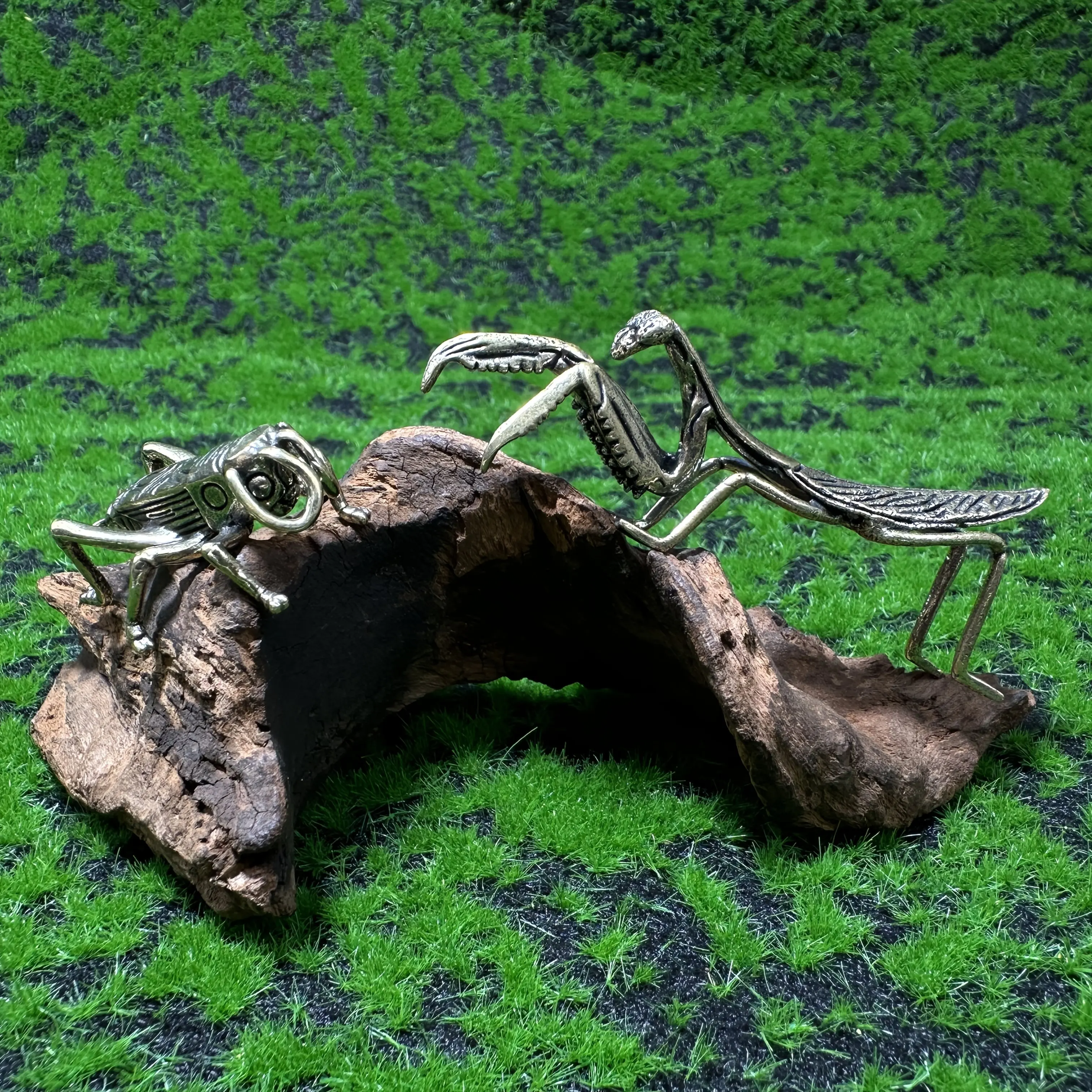 2 classic brass mantis and cricket ornaments, insect animal theme, perfect for home