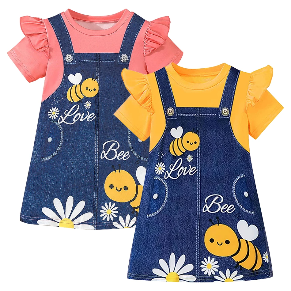 Cute and Comfortable Kids Love Bee Cartoon Print T Shirt Dress Children Round Neck Ruffles Casual Clothes Girls School Dress