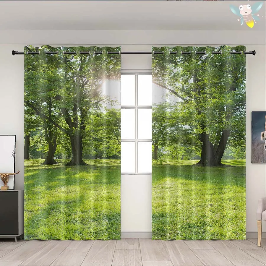 2PC high blackout perforated curtains, double-sided matte, bedroom, balcony, living room, sunny forest and natural green space