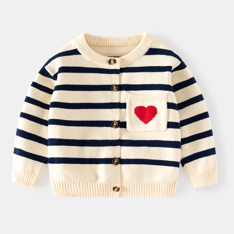 Children\'s Coat Cardigan Sweater Stripe Heart Pattern Outerwear Toddler Boys Girls Long Sleeve Knit Spring Autumn Kids Clothes