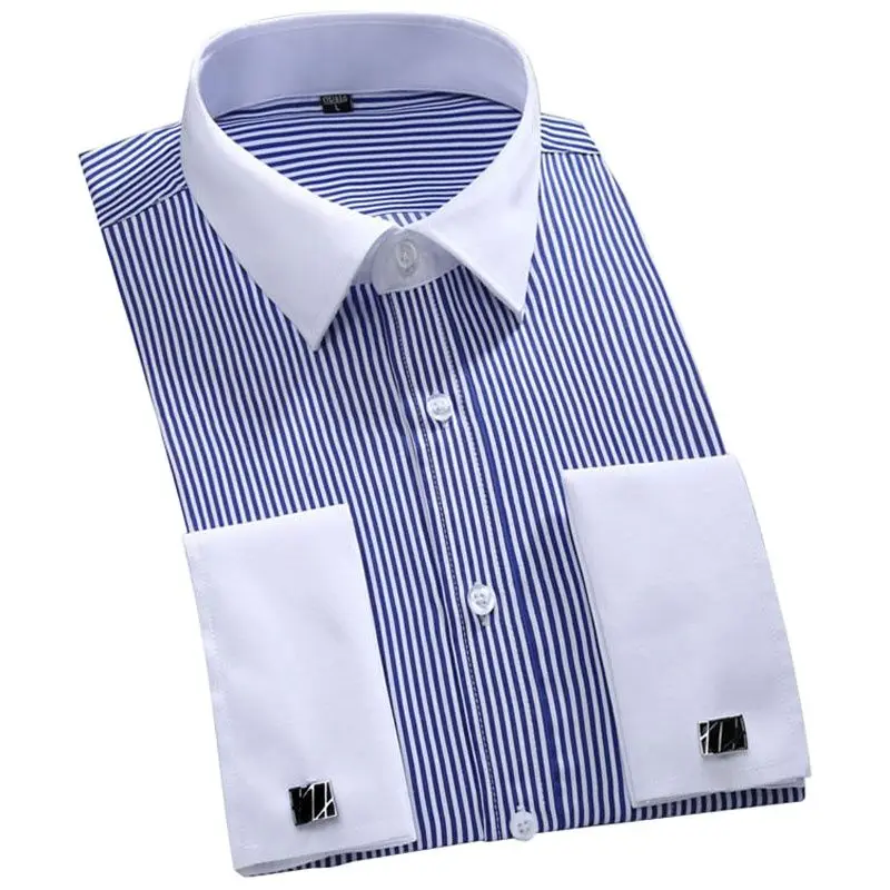 M~6XL Men\'s French Cuff Dress Shirt 2023 New White Long Sleeve Formal Business Buttons Male Shirts Regular Fit Cufflinks Shirt