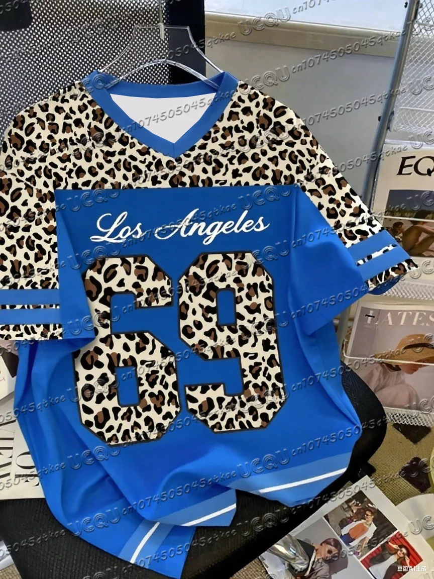 Summer Fashionable Leopard Print Los Angeles V-Neck Women's Basic T-Shirt Short Sleeve Sport Tshirt Loose Comfortable Tops Tee