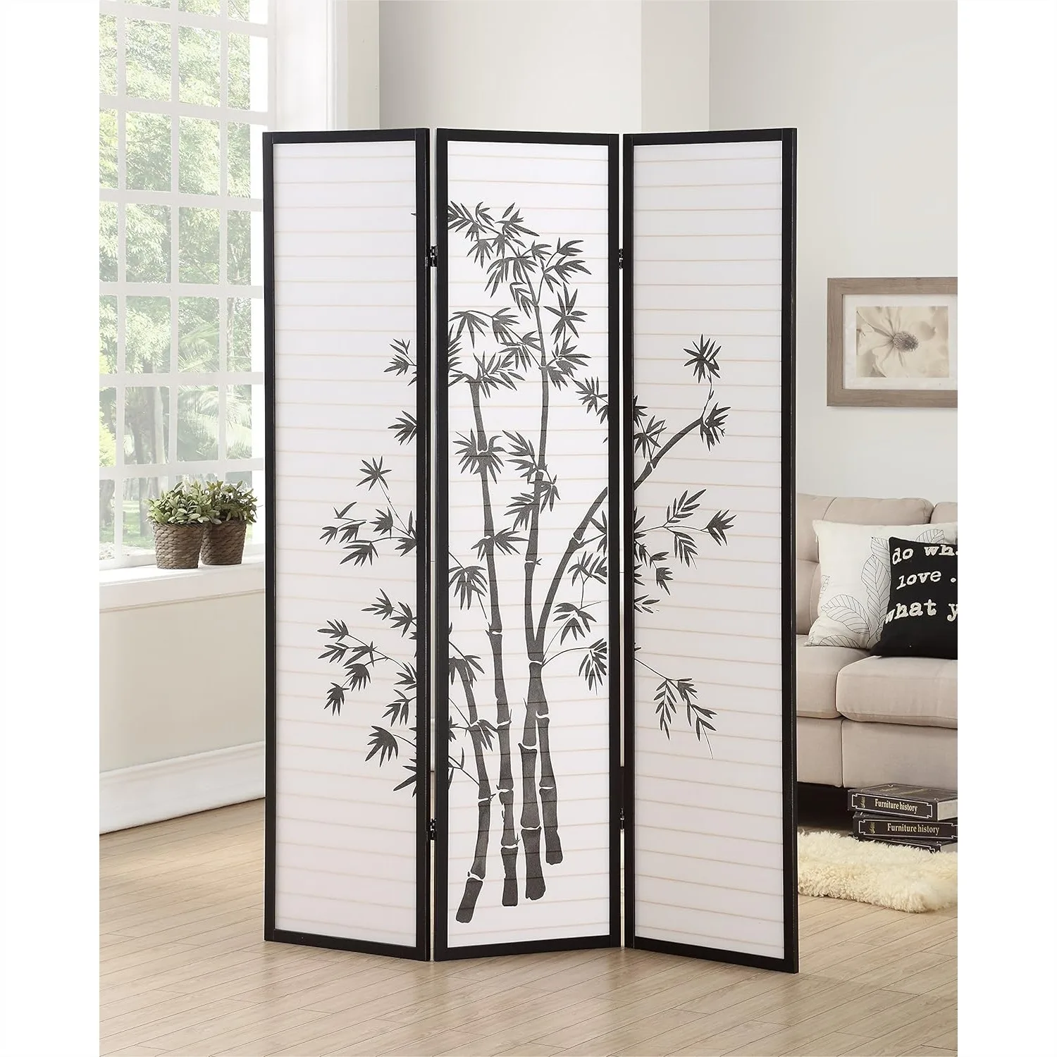 

3-Panel Shoji Room Divider Screen, Japanese Privacy Screen, Black Wood Frame, 71" Tall