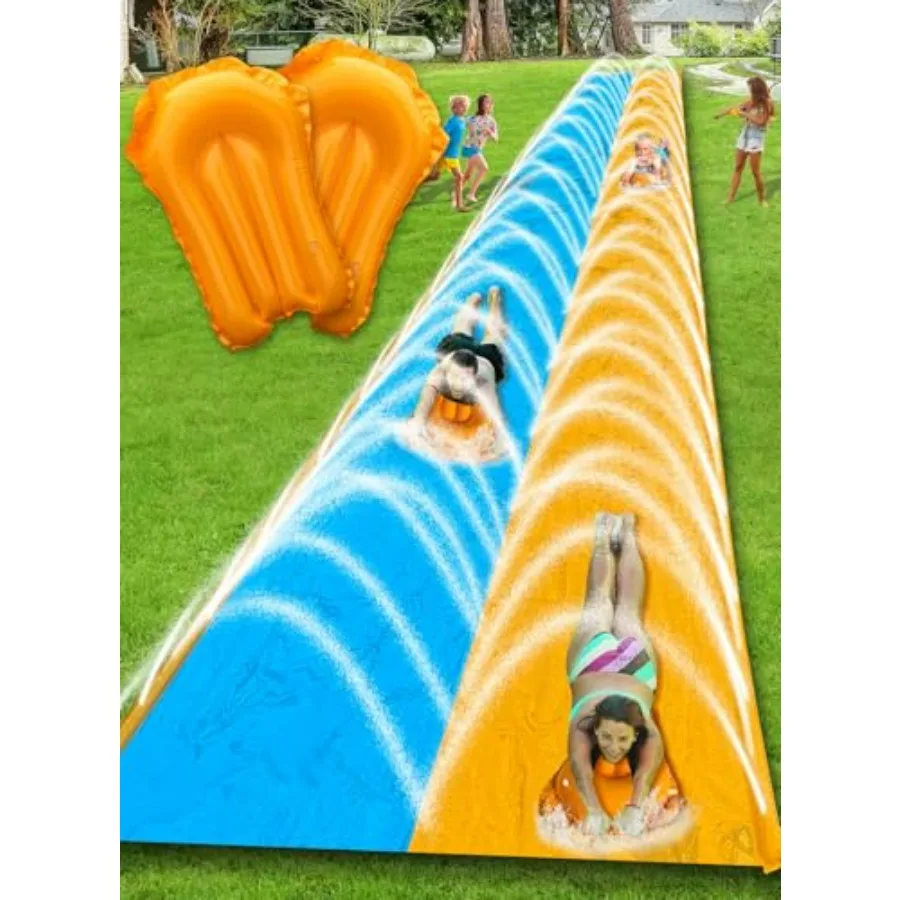 

40FT slip and water slide for backyard use, heavy-duty PVC material, blue and yellow color, extra-long design with 2 inflatable