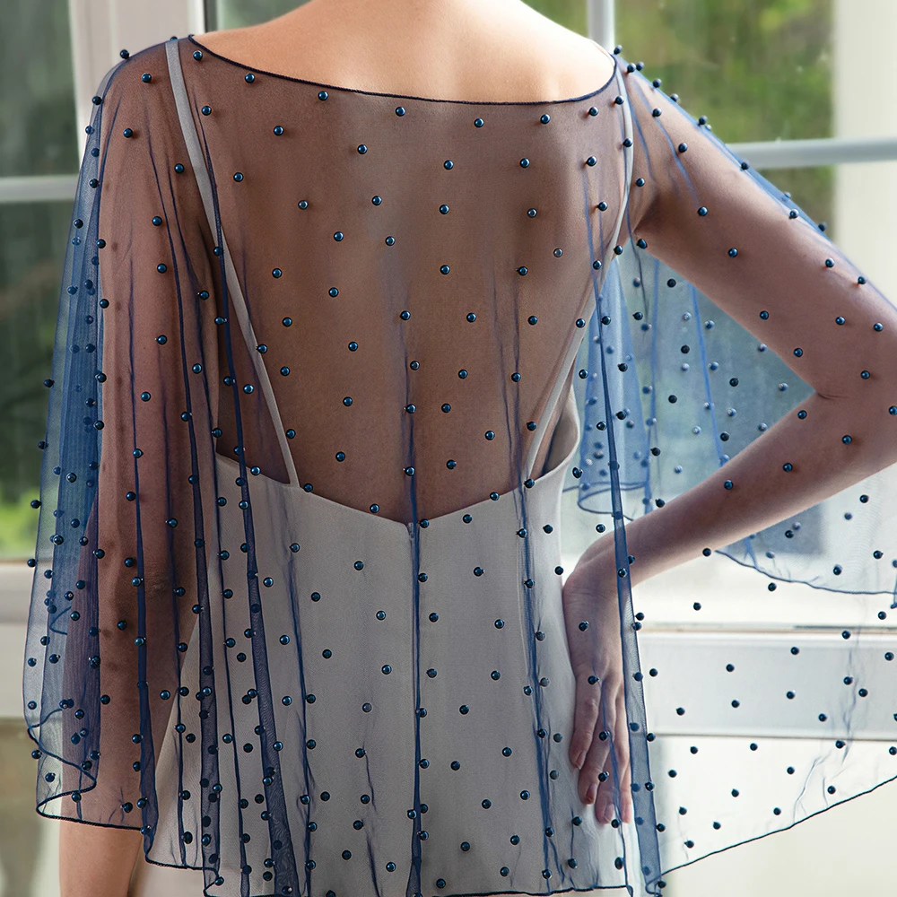 Elegant Navy Pearl Beaded Mesh Shawl Outside Bridal Wraps Marriage Wedding Accessories image 5