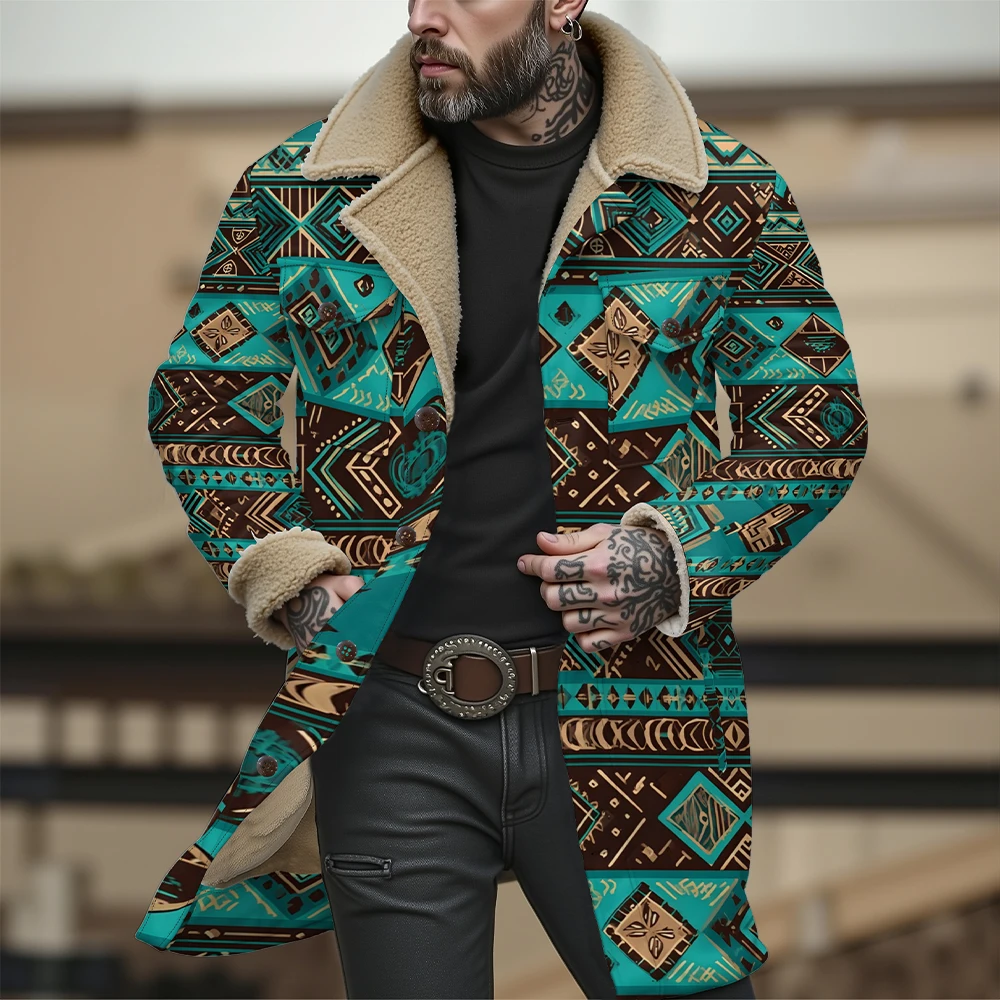 Men's Retro Patterned Jacket with Faux-Fur Collar Geometric Floral Design Button-Up Front and Side Pockets Autumn Winter Fashion