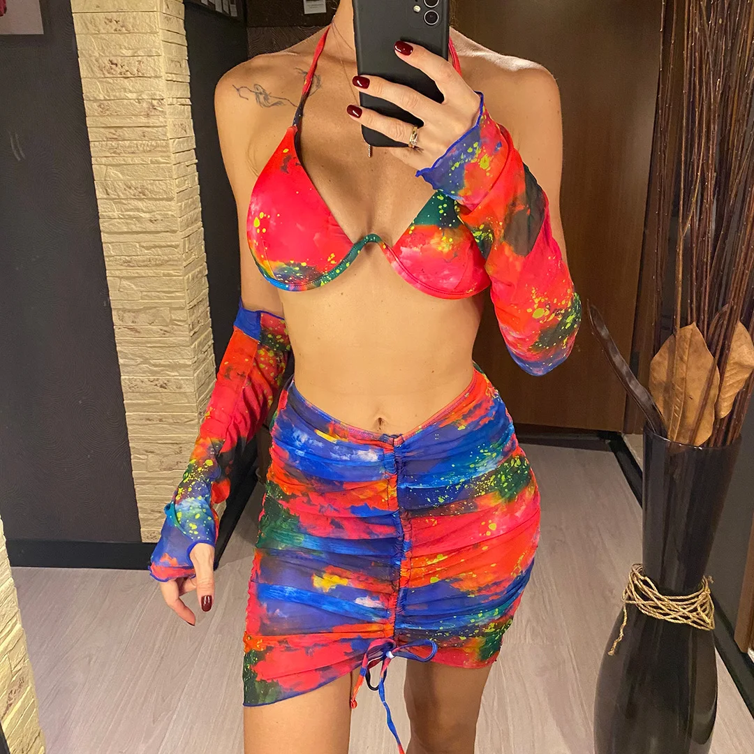 

2025 Women's Swimsuits With Skirt Sleeves Underwired V-bar Bikini Female Swimsuit Women Swimwear Four-piece Bikini Set Beachwear
