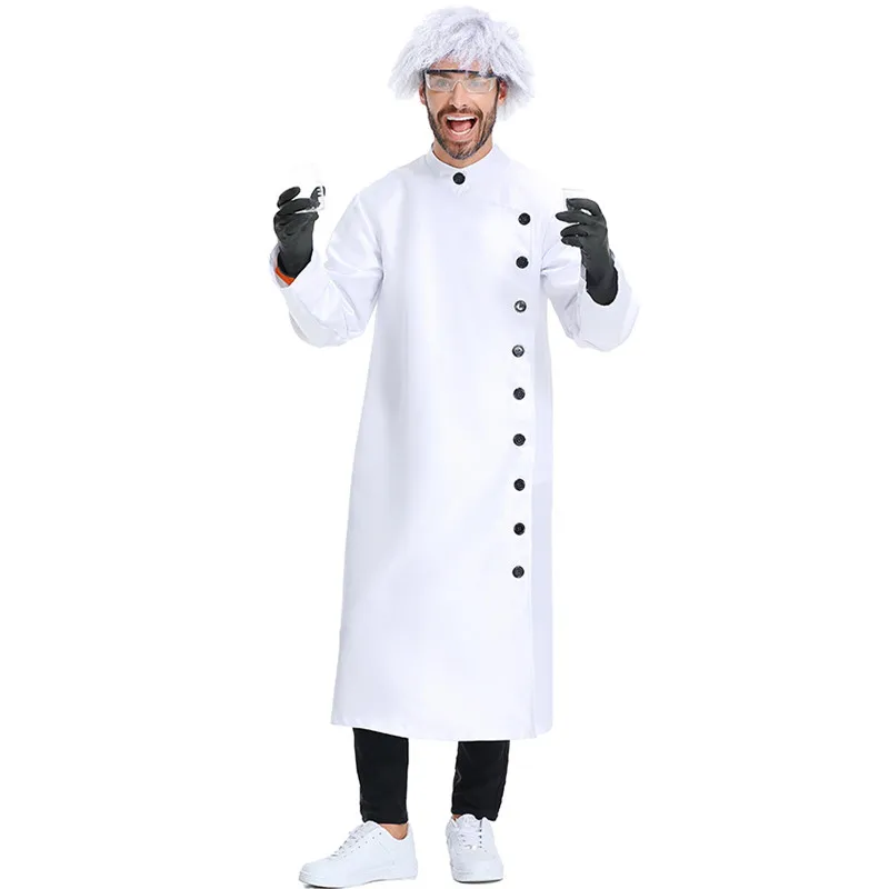 White Robe Men Halloween Laboratory Researcher Crazy Scientist Costume Adult Doctor Cosplay Carnival Purim Role Play Party Dress