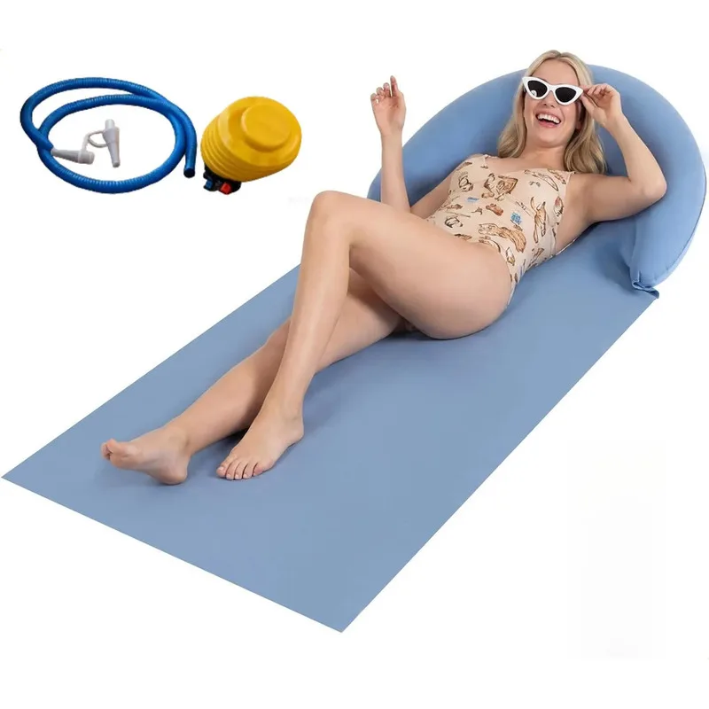Blue Flocked Beach Lounge Chair With Foot Pump Inflatable Recliner For Beach Camping Outdoor Relax