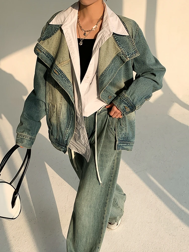 TWOTWINSTYLE Denim Vintage Jackets For Women Lapel Long Sleeve Patchwork Irregular Single Breasted Casual Jacket Female Clothing