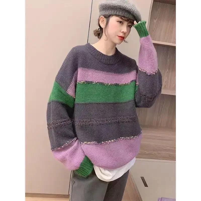 

Полосатые свитера контрастного цвета, топ, женский корейский модный трикотаж с круглым вырезом, повседневный пуловер с длинными рукавами