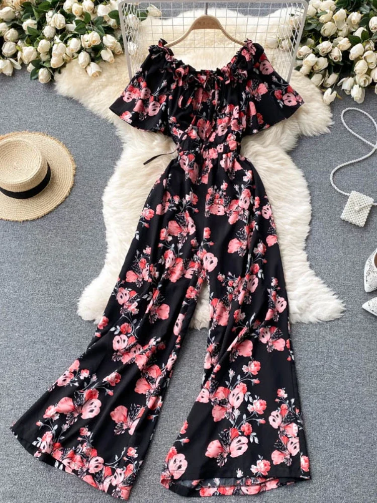 Summer Women Floral Jumpsuits Off-shoulder Ruffles Sleeveless Jumpsuits Ladies Loose Wide Pants Print Overalls Playsuits