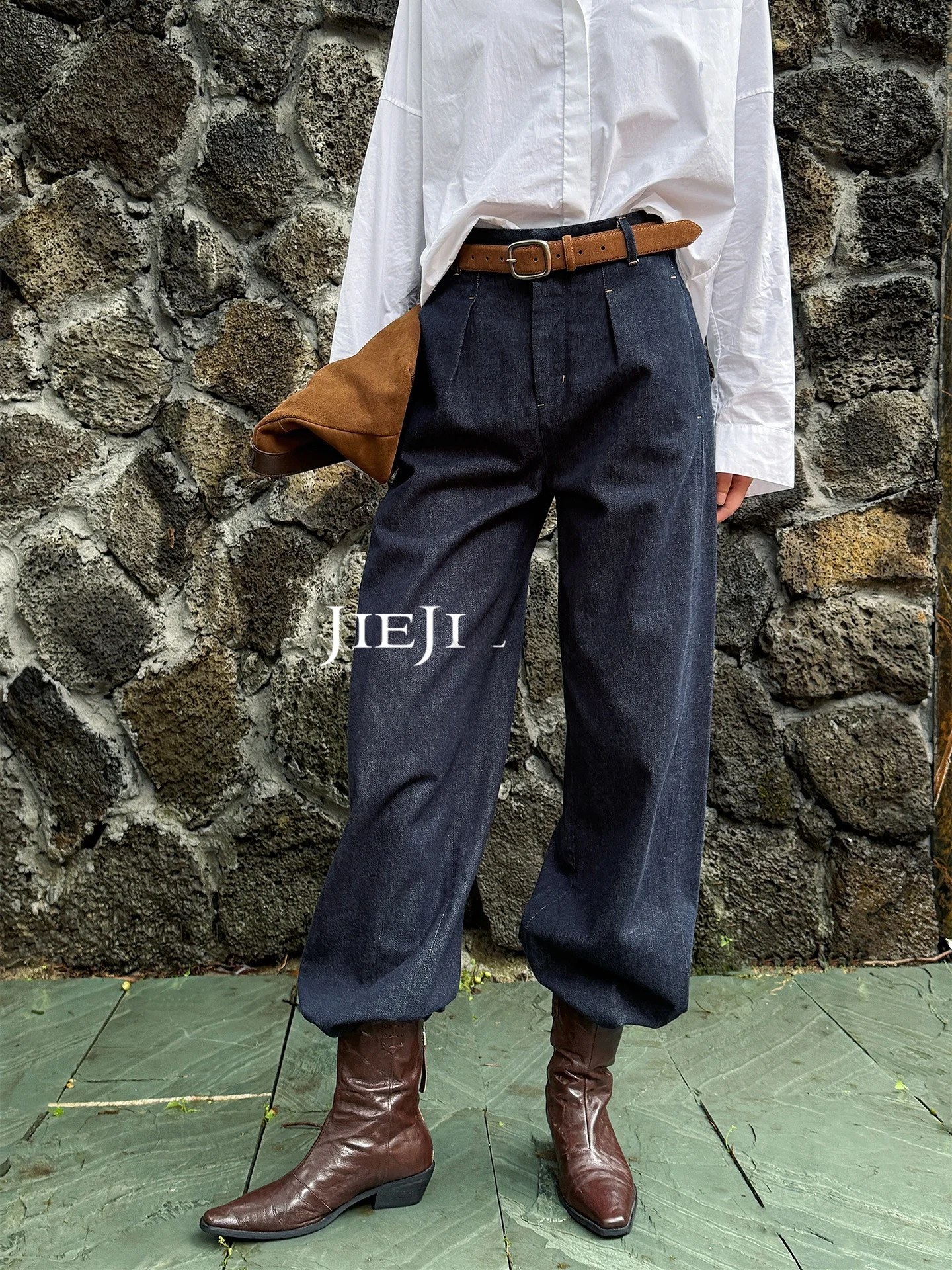 Calças de Algodão Denim de Cintura Alta com Pregas, Versáteis para o Dia a Dia, Calças Longas de Primavera, Estilo Old Money, Calças Casuais JIEJI ZHANG