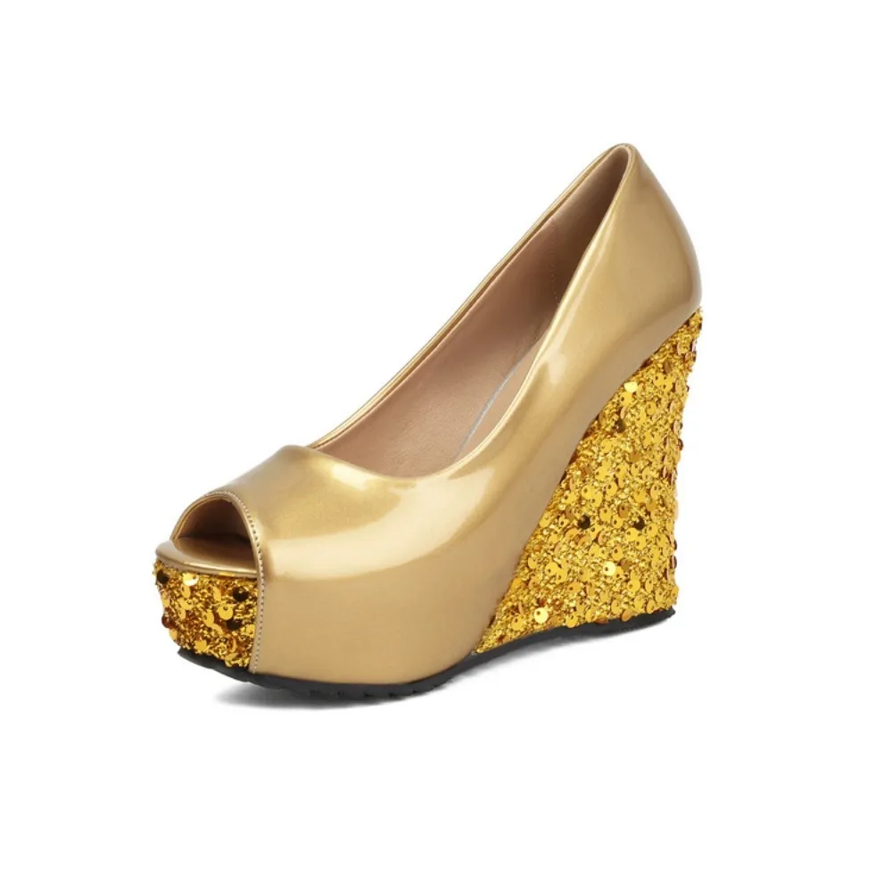 

QPLYXCO Wedges Heels Sandals Women Fashion Glitter Peep Toe Party Dress Wedding Shoes Bride Gold Pink Platform Sandals 85-6