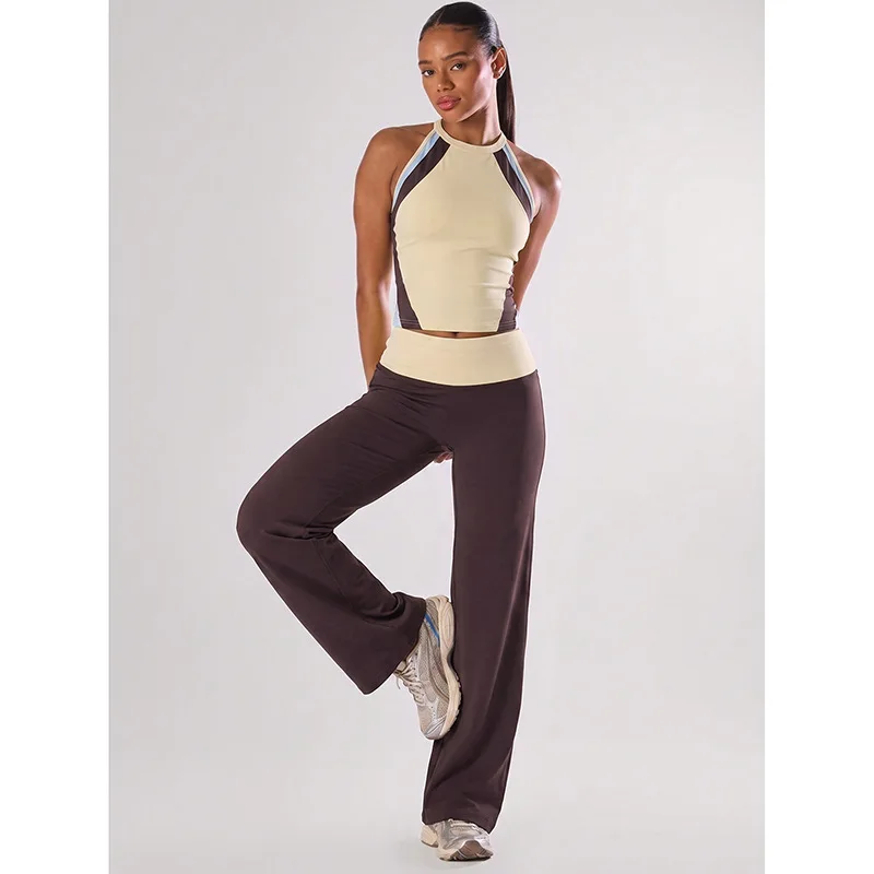 Women 2Pcs Yoga Sets Color Block Workout Set Halter Crop Tank Top Fold Waist Brown Wide Leg Pants Casual Gym Activewear Outfit