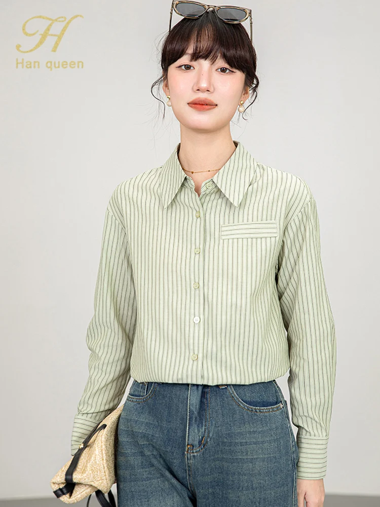 

H Han Queen Autumn Stripe Casual Shirt Loose Blouses Women Long Sleeve Simple Office Chiffon Tops Korean Reviews Clothes 2025