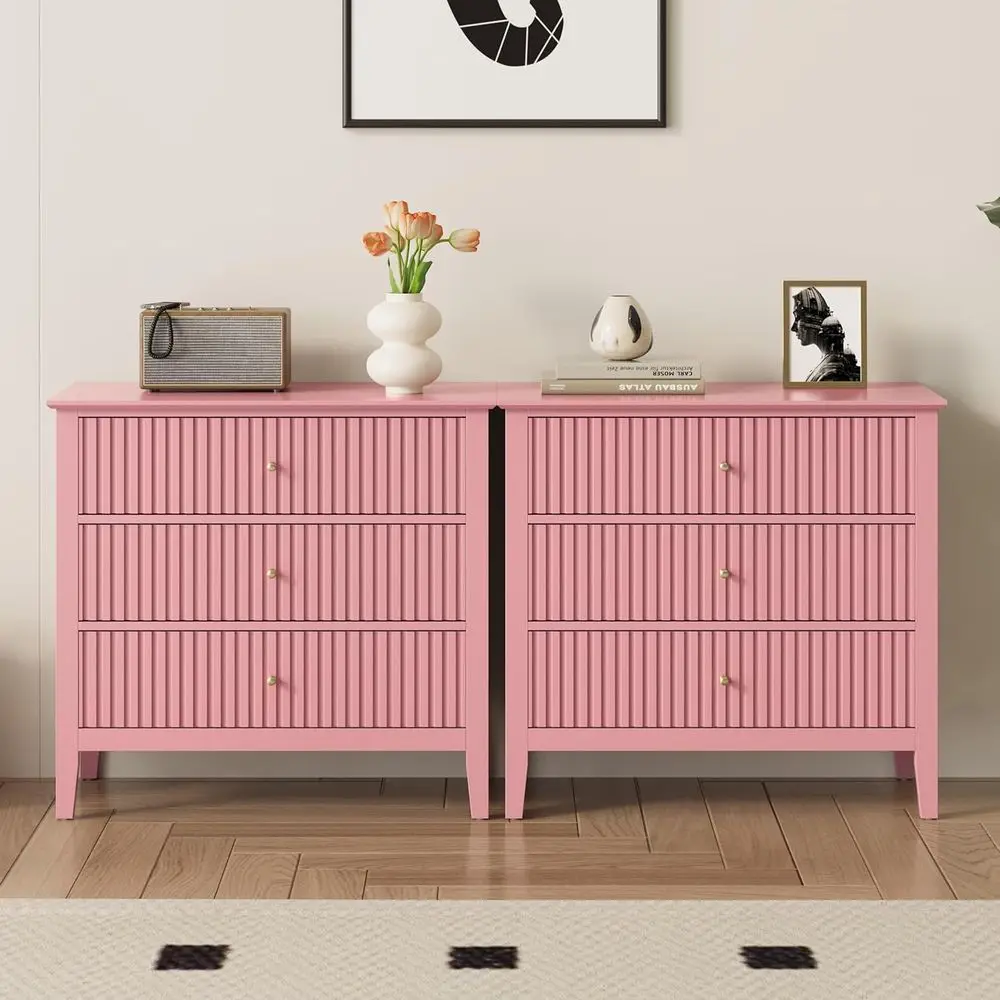 

luted 32 inch Wide Nightstand Set o 2, Large Pink Nightstand with 3 Der, ern End Table, Wood Beside Table or Home and Oice