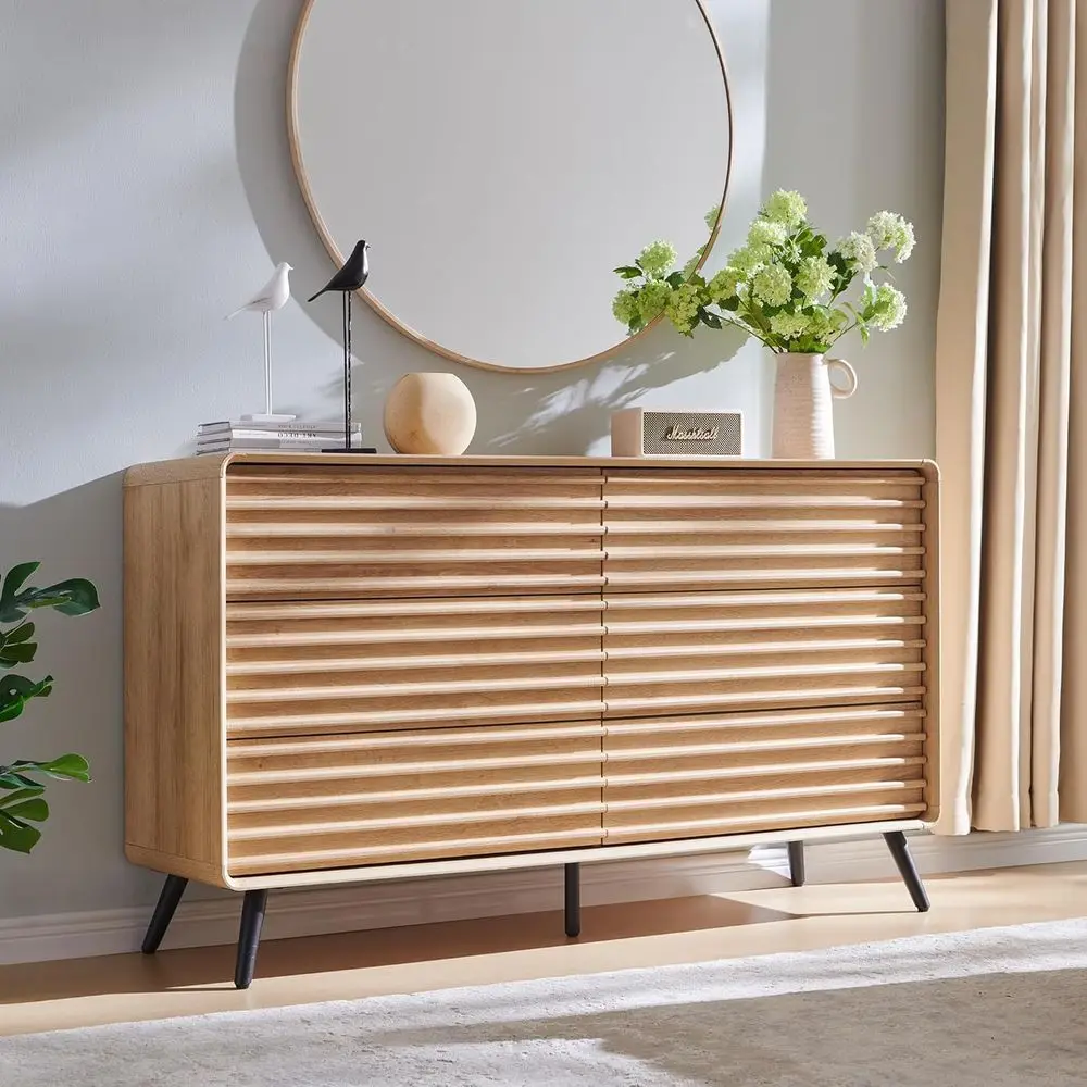 

Wide 54 Modern Wood Double Drawer Chest for Bedroom, Living Room, Hallway, and Closet in Natural Oak Finish