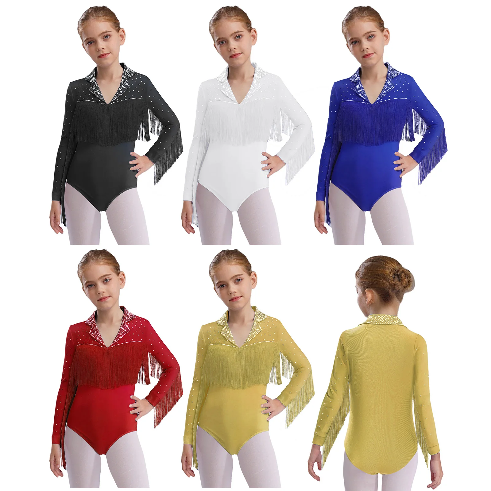 

Kids Boys Girls Latin Dance Costume Modern Ballroom Dancewear Long Sleeve Rhinestones Tassel Leotard for Performance Competition